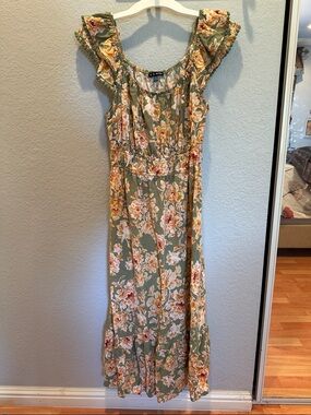 As U Wish Sage Green Floral Ruffle Maxi Dress